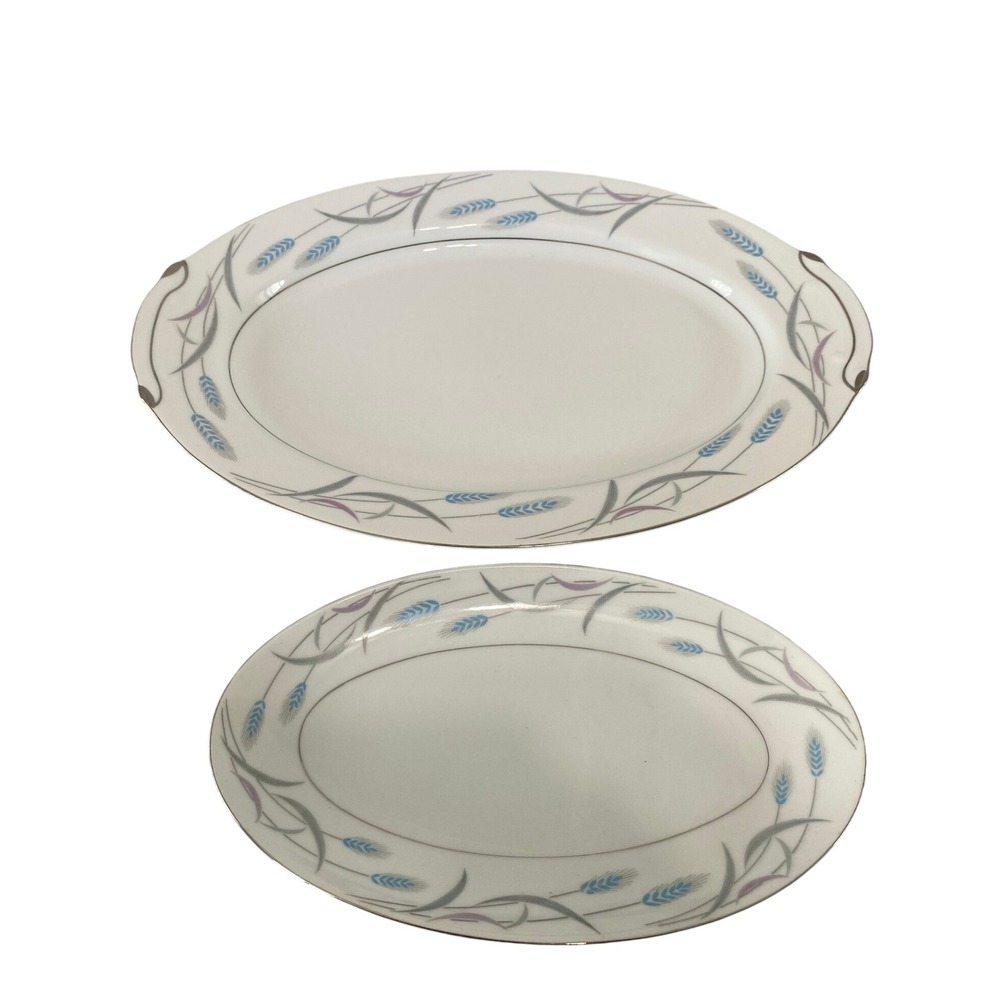 Valmont China Royal Wheat Serving Platters Set 2 White Blue Japan MCM Excellent